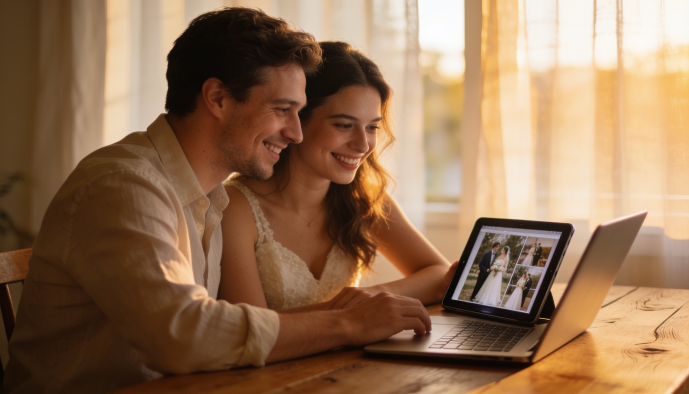 Pareja viendo su galería de fotos entregada por el fotógrafo