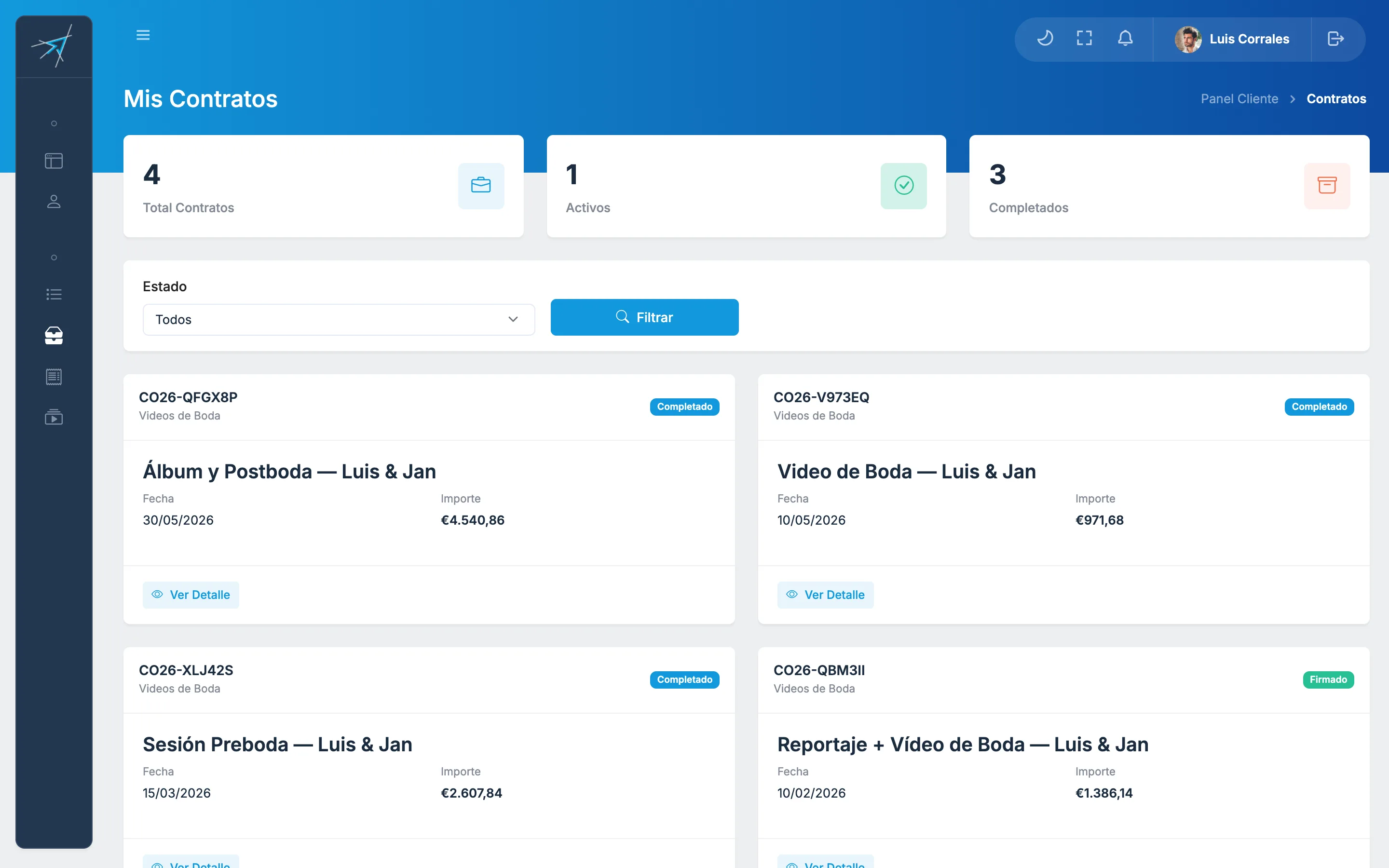 Portal del cliente con los contratos de la boda y su estado